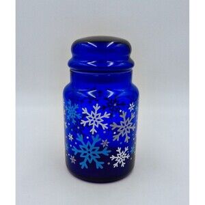 Libbey Cobalt Blue Glass Snowflakes Apothecary Jar Canister Storage USA
